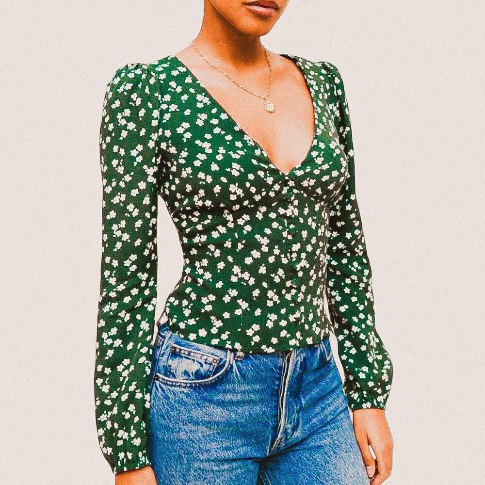 Reformation Nell Top in Annette Green Floral – Cottage Romance Blouse Small